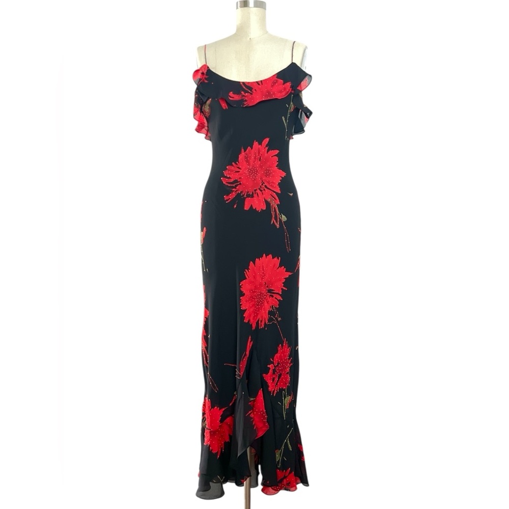NWT!!! Y2K Sz 0 XS Cache Maxi Slip Dress Black Red Floral Beaded Fairy Ruffles - Picture 2 of 15